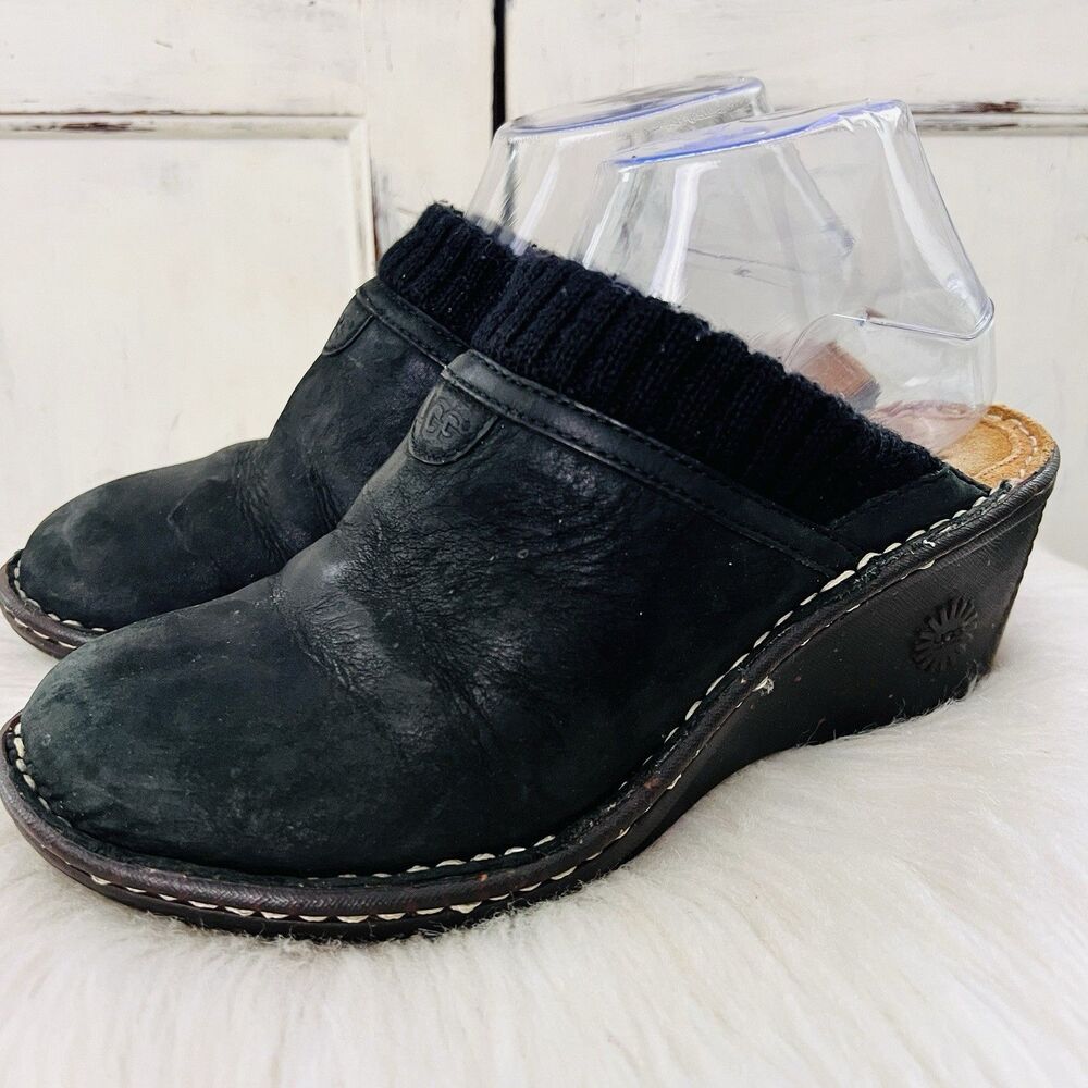 UGG Black Leather Slip-On Wedge Clogs with Knit Collar